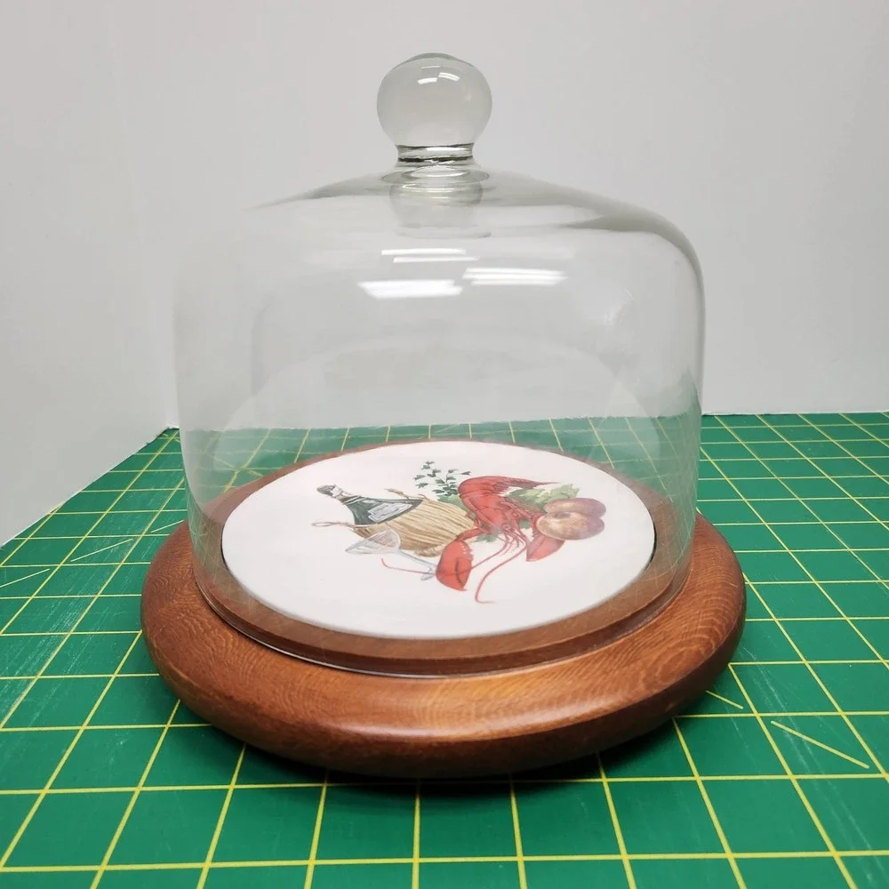 1970s Vtg Good wood Teak Flawed  Cheese Tray Glass Dome Cloche Wine Lobster